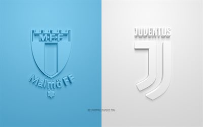 Malmo FF vs Juventus FC, 2021, UEFA Champions League, Group Н, 3D logos, blue white background, Champions League, football match, 2021 Champions League, Juventus FC, Malmo FF