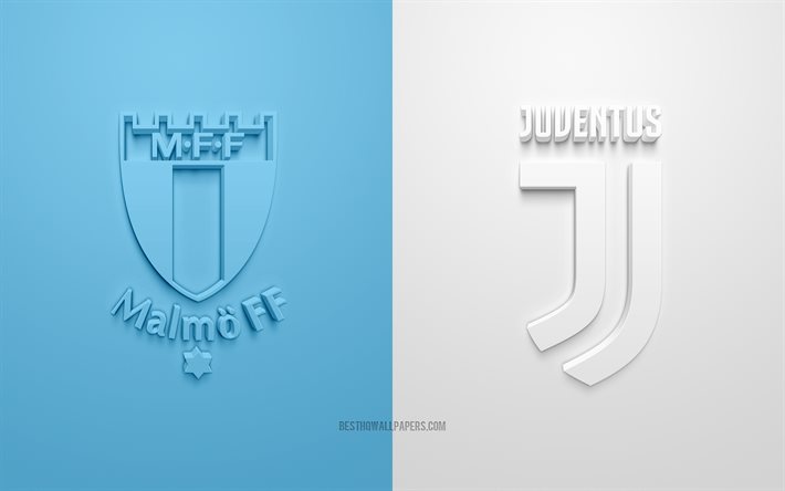 Malmo FF vs Juventus FC, 2021, UEFA Champions League, Grupo Н, logotipos 3D, fundo branco azul, Liga dos Campe&#245;es, partida de futebol, 2021 Champions League, Juventus FC, Malmo FF