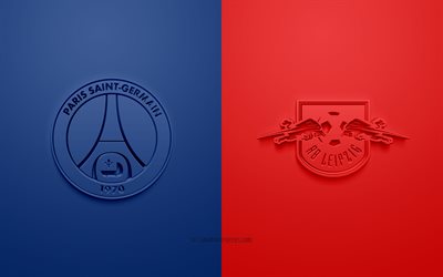 PSG vs RB Leipzig, 2021, UEFA Champions League, Grupo A, logotipos 3D, fundo azul vermelho, Liga dos Campe&#245;es, partida de futebol, 2021 Champions League, PSG, RB Leipzig