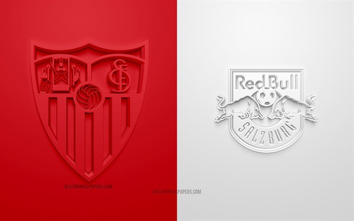 Sevilla FC vs Red Bull Salzburg, 2021, UEFA Champions League, Grupo G, logotipos 3D, fondo blanco rojo, Champions League, partido de f&#250;tbol, 2021 Champions League, Sevilla FC, Red Bull Salzburg