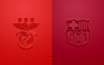 SLベンフィカvsFCバルセロナ, 2021年, UEFAチャンピオンズリーグ, グループE, 3Dロゴ, 赤いバーガンディの背景, チャンピオンズリーグ, サッカーの試合, SLベンフィカ, FCバルセロナ