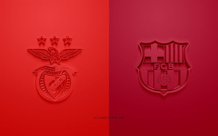 SL Benfica vs FC Barcelona, 2021, UEFA Mestarien liiga, ryhm&#228; E, 3D -logot, punainen viininpunainen tausta, Mestarien liiga, jalkapallo -ottelu, 2021 Mestarien liiga, SL Benfica, FC Barcelona