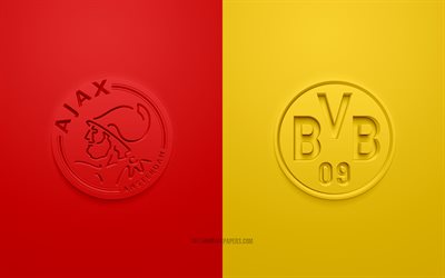 AFC Ajax vs Borussia Dortmund, 2021, UEFA Şampiyonlar Ligi, C Grubu, 3D logolar, kırmızı sarı arka plan, Şampiyonlar Ligi, futbol ma&#231;ı, 2021 Şampiyonlar Ligi, Borussia Dortmund, AFC Ajax