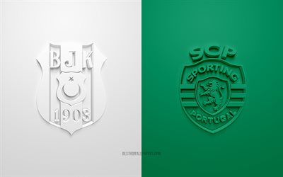 ベシクタシュvsスポルティング, 2021年, UEFAチャンピオンズリーグ, グループС, 3Dロゴ, 白緑の背景, チャンピオンズリーグ, サッカーの試合, ベシクタシュ, スポーツ