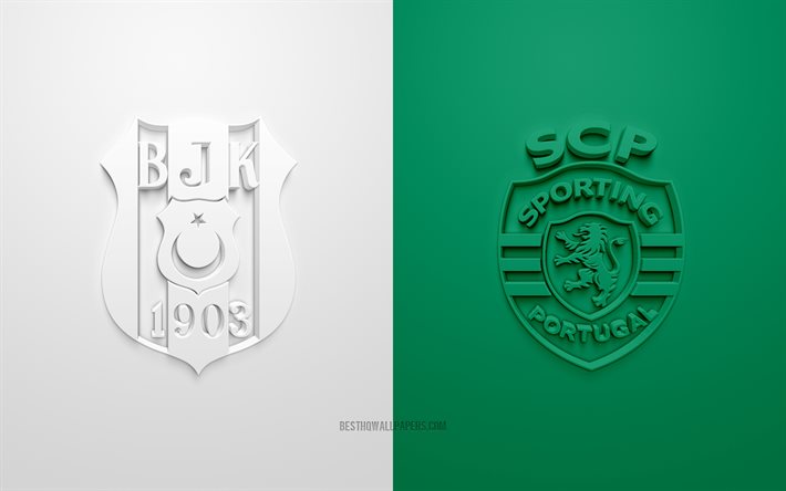 ベシクタシュvsスポルティング, 2021年, UEFAチャンピオンズリーグ, グループС, 3Dロゴ, 白緑の背景, チャンピオンズリーグ, サッカーの試合, ベシクタシュ, スポーツ