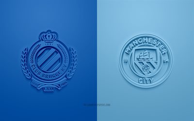 クラブ・ブルッヘKVvsマンチェスターシティFC, 2021年, UEFAチャンピオンズリーグ, グループА, 3Dロゴ, 青い背景, チャンピオンズリーグ, サッカーの試合, マンチェスターシティFC, クラブ・ブルッヘKV