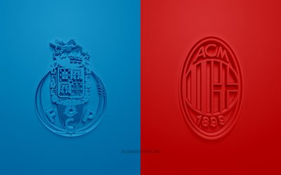 FC Porto vs AC Milan, 2021, UEFA Champions League, Groupe B, logos 3D, fond rouge bleu, Ligue des Champions, match de football, Ligue des Champions 2021, FC Porto, AC Milan