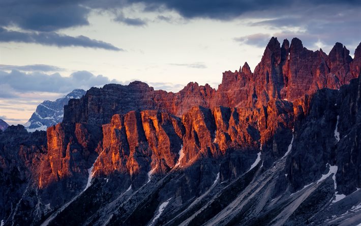 Dolomitas, rochas, Alpes, noite, paisagem montanhosa, p&#244;r do sol, sol sobre as rochas, It&#225;lia