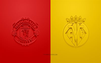 Manchester United vs Villarreal, 2021, UEFA Champions League, Group Ф, 3D logos, yellow red background, Champions League, football match, 2021 Champions League, Manchester United, Villarreal