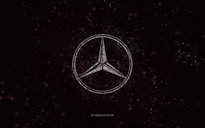 Mercedes-Benz glitter logo, 4k, black background, Mercedes-Benz logo, white glitter art, Mercedes-Benz, creative art, Mercedes-Benz white glitter logo, Mercedes logo