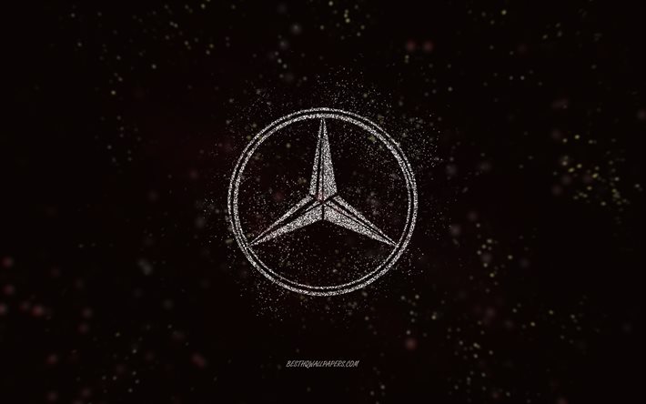 Mercedes-Benz glitter-logo, 4k, musta tausta, Mercedes-Benz-logo, valkoinen glitter-taide, Mercedes-Benz, luova taide, Mercedes-Benz valkoinen glitter-logo, Mercedes-logo