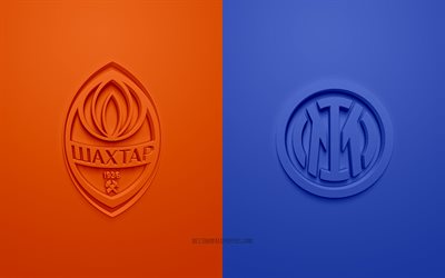 Shakhtar Donetsk vs Inter Milan, 2021, UEFA Champions League, Groupe D, logos 3D, fond orange-bleu, Champions League, match de football, 2021 Champions League, Shakhtar Donetsk, Inter Milan