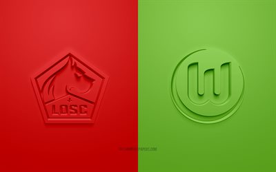 LOSC Lille vs VfL Wolfsburg, 2021, UEFA Champions League, Group G, 3D logos, red green background, Champions League, football match, 2021 Champions League, LOSC Lille, VfL Wolfsburg