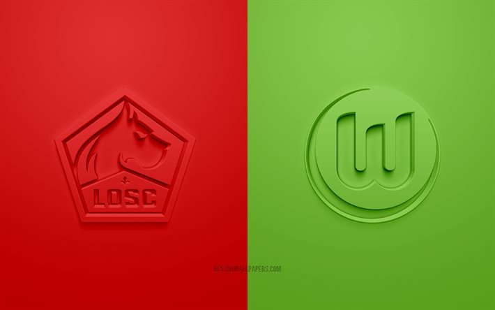 LOSC Lille vs VfL Wolfsburg, 2021, UEFA Champions League, Grupo G, logotipos 3D, fundo verde vermelho, Liga dos Campe&#245;es, partida de futebol, 2021 Champions League, LOSC Lille, VfL Wolfsburg