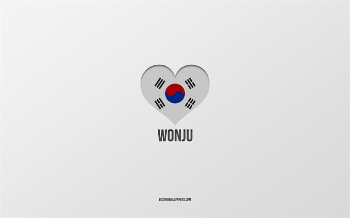J&#39;aime Wonju, villes sud-cor&#233;ennes, Jour de Wonju, fond gris, Wonju, Cor&#233;e du Sud, coeur de drapeau sud-cor&#233;en, villes pr&#233;f&#233;r&#233;es, Love Wonju