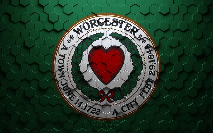 Bandiera di Worcester, Massachusetts, arte a nido d&#39;ape, bandiera di esagoni di Worcester, Worcester, arte di esagoni 3d, bandiera di Worcester