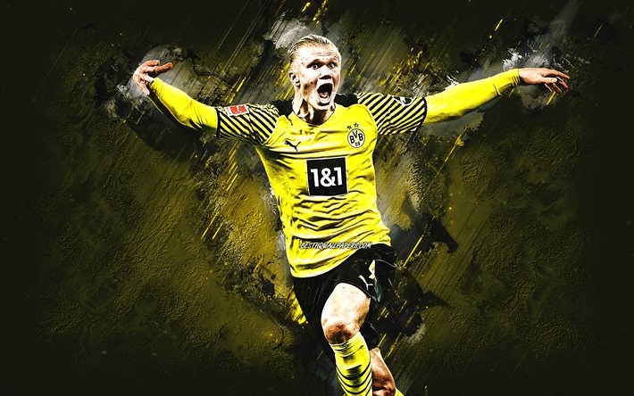 Erling Braut Haaland, Borussia Dortmund, footballeur norv&#233;gien, BVB, fond de pierre jaune, Bundesliga, soccer, Allemagne