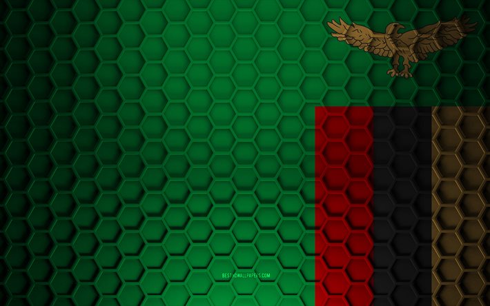 Drapeau de la Zambie, texture des hexagones 3d, Zambie, texture 3d, drapeau de la Zambie 3d, texture m&#233;tallique, drapeau de la Zambie