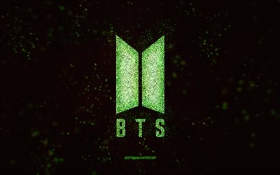 BTS glitter logo, 4k, black background, BTS logo, green glitter art, BTS, creative art, BTS green glitter logo, Bangtan Boys