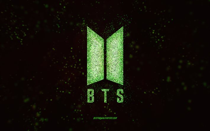 Logotipo brilhante BTS, 4k, fundo preto, logotipo BTS, arte glitter verde, BTS, arte criativa, logotipo glitter verde BTS, Bangtan Boys