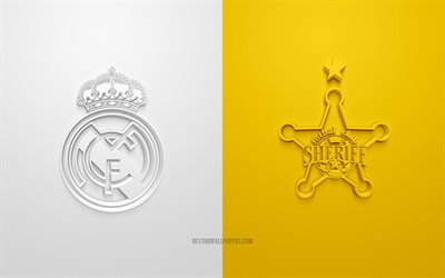 Real Madrid vs Sheriff Tiraspol, 2021, UEFA Champions League, Group D, 3D logos, white yellow background, Champions League, football match, 2021 Champions League, Real Madrid, Sheriff Tiraspol