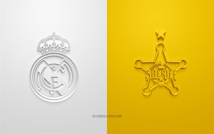 Real Madrid vs Sheriff Tiraspol, 2021, Ligue des Champions de l&#39;UEFA, Groupe D, logos 3D, fond jaune blanc, Ligue des Champions, match de football, Ligue des Champions 2021, Real Madrid, Sheriff Tiraspol