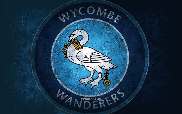 Wycombe Wanderers FC, English football team, blue background, Wycombe Wanderers FC logo, grunge art, EFL Championship, Buckinghamshire, football, England, Wycombe Wanderers FC emblem