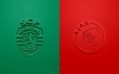Sporting vs AFC Ajax, 2021, UEFA Champions League, Group С, 3D logos, yellow green background, Champions League, football match, 2021 Champions League, Sporting, AFC Ajax