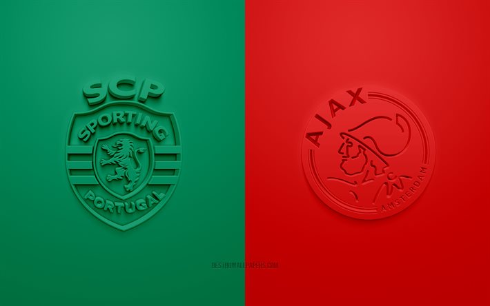 Sporting vs AFC Ajax, 2021, UEFA Champions League, Group С, 3D logos, yellow green background, Champions League, football match, 2021 Champions League, Sporting, AFC Ajax