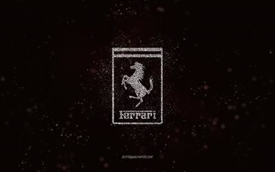 Ferrari glitter logo, 4k, black background, Ferrari logo, белый glitter art, Ferrari, creative art, Ferrari белый glitter logo