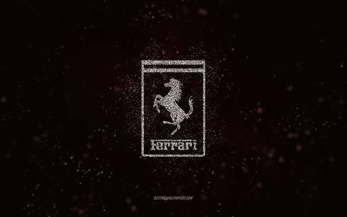 Ferrari glitterlogo, 4k, svart bakgrund, Ferrari -logotyp, белый glitter art, Ferrari, kreativ konst, Ferrari белый glitter logo