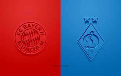 FC Bayern München vs FC Dynamo Kiev, 2021, UEFA Champions League, Grupp С, 3D -logotyper, blå röd bakgrund, Champions League, fotbollsmatch, 2021 Champions League, FC Bayern München, FC Dynamo Kiev