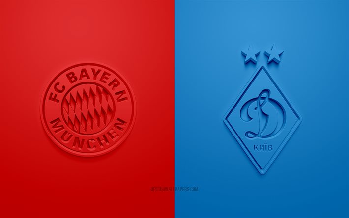 FC Bayern Munich vs FC Dynamo Kyiv, 2021, UEFA Champions League, Grupo С, logotipos 3D, fundo azul vermelho, Liga dos Campe&#245;es, partida de futebol, 2021 Champions League, FC Bayern Munich, FC Dynamo Kyiv