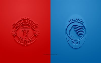 Manchester United vs Atalanta, 2021, UEFA Champions League, Group F, 3D logos, red blue background, Champions League, football match, 2021 Champions League, Manchester United FC, Atalanta