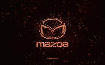 Mazda glitter logo, 4k, black background, Mazda logo, orange glitter art, Mazda, creative art, Mazda orange glitter logo
