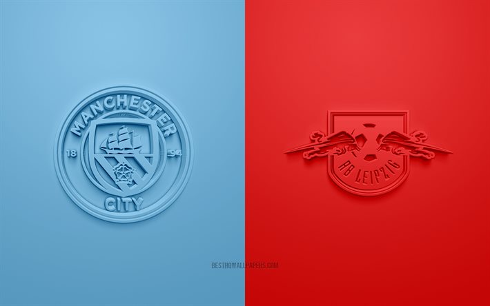 Manchester City FC vs RB Leipzig, 2021, UEFA Champions League, Grupo A, logotipos 3D, fundo azul vermelho, Liga dos Campeões, partida de futebol, 2021 Champions League, Manchester City FC, RB Leipzig