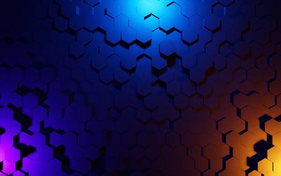 hexagones 3D bleus, 4k, cr&#233;atif, texture 3D hexagones, motifs hexagones, textures hexagones, textures 3D, arri&#232;re-plans 3D, hexagones 3D