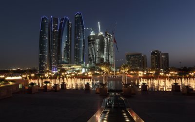 Abu Dabi, g&#246;kdelenler, gece, modern mimari, Birleşik Arap Emirlikleri