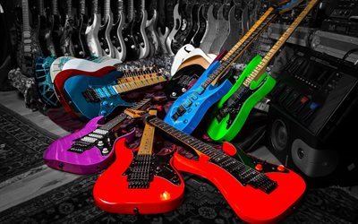 electric guitars, musical instruments, colorful guitar, speaker