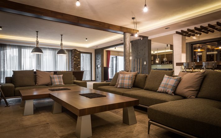 living room, modern design, wood paneling, sofa, modern interior