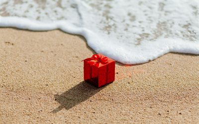beach, gift, travel, red gift box, vacation, sea