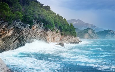 ondas, mar, rochas, costa, tempestade, Montenegro, Mar Adri&#225;tico
