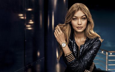 Gigi Hadid, American model, portrait, makeup, beautiful woman, gold watch, black evening dress