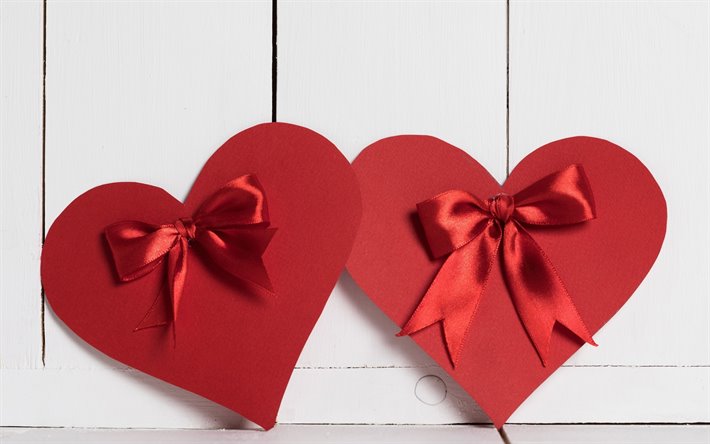 Valentine&#39;s Day, red hearts, silk ribbons, love concepts, gifts