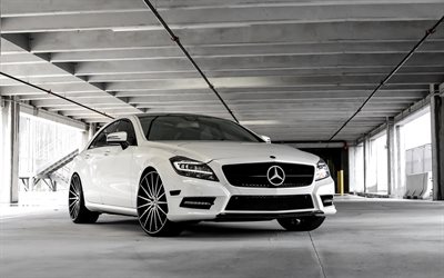 Mercedes CLS550, 2018, luxury sedan, white CLS, tuning, silver wheels