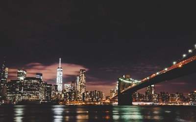 Brooklyn Bridge, 4k, nighscapes, USA, NYC, America, New York