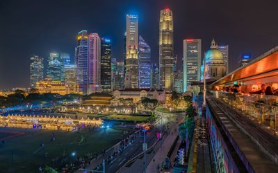 Singapour, Quartier Financier, Quartier de centre, centres d&#39;affaires, ville de nuit, les lumi&#232;res de la ville, gratte-ciel