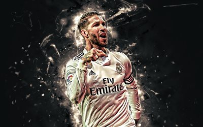 Sergio Ramos, l&#39;obiettivo, i calciatori spagnoli, il Real Madrid FC, calcio, close-up, fan art, Sergio Ramos Garcia, La Liga, stelle del calcio, luci al neon, Spagna