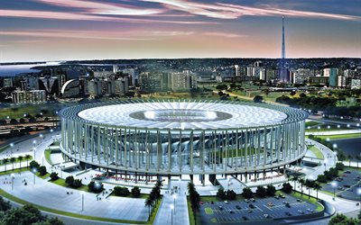 4k, Mane Garrincha Stadium, sunset, Arena Mane Garrincha, aerial view, soccer, football stadium, HDR, brazilian stadiums, Mane Garrincha, Brasilia, Brazil