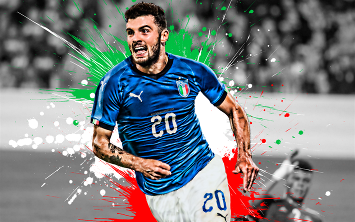 Patrick Cutrone, 4k, Italian football player, Italy national football team, striker, creative flag of Italy, creative art, Italy, football, grunge, Cutrone